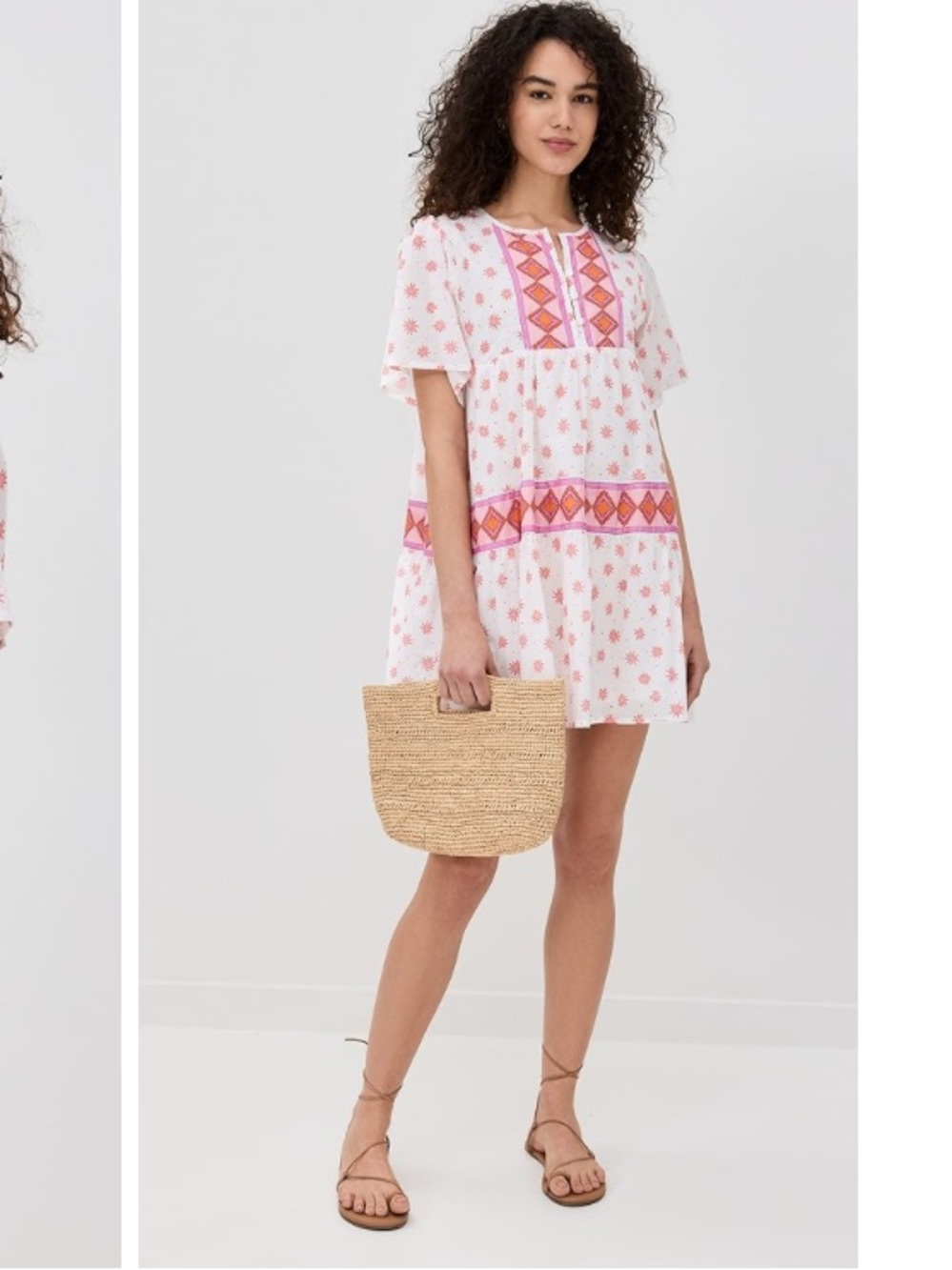 NEW MAREA Tiki Dress Short Sleeve Cotton Block Print Mini Dress Pink starburst